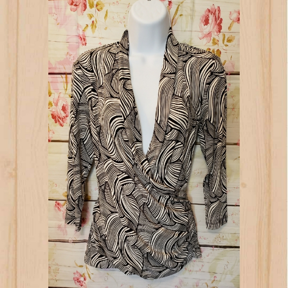 Black and White Deep V Plunging Neck Wrap Blouse